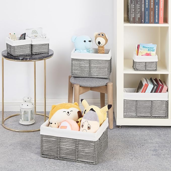 Wicker Storage Basket, 6 Pack Baskets for Organizing, Wicker Baskets with Handle, Rectangular Wicke Basket for Storage Shelves, Cube Storage Bins for Closet/Clothes/Dresser, Grey - Image 6