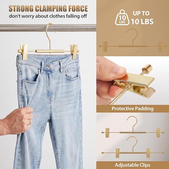 VWV 20 Pack Pants Hangers with Clips, 12.4 Inch Aluminum Skirt Hangers with 360° Swivel Hooks, Heavy Duty Space Saving Closet Hangers for Jeans, Slacks, Shorts (Gold) - Image 6