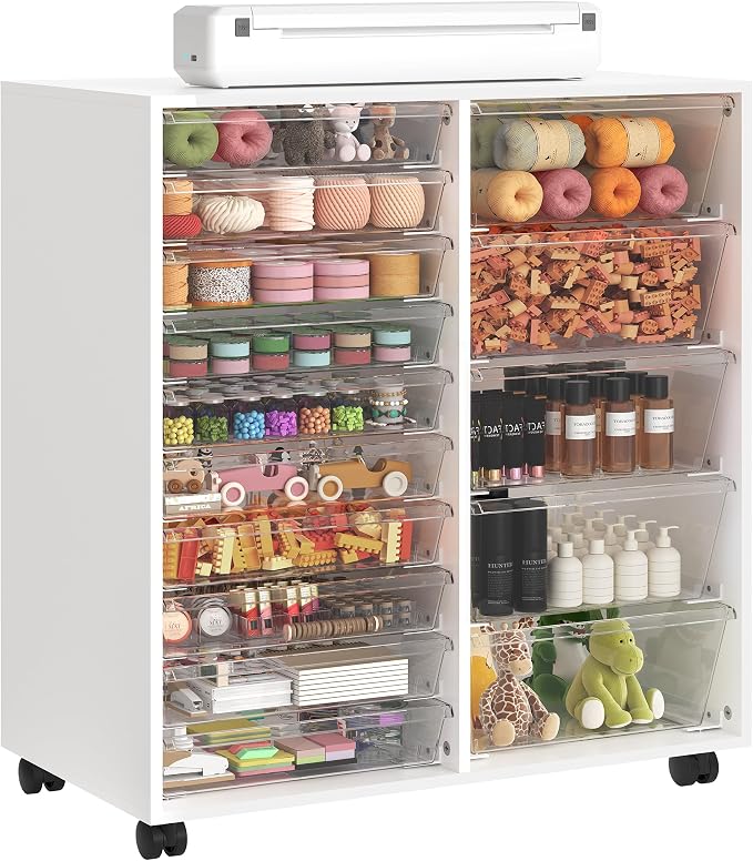 Mobile Storage Cabinet with 15 Clear Drawers, Modern White | Craft Cabinet with 5 Large Drawers, Cart with Wooden Tabletop, Printer Stand Home Office, Dresser Chest by WOPITUESOfficial