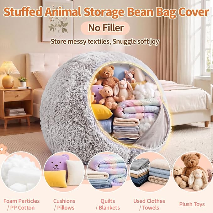 Stuffed Animal Storage Bean Bag Chair Cover, Soft Bean Bag Cover | Fluffy Faux Fur Stuffed Animal Storage Chair, Non-Slip Bottom, Fill with Plush Toys or Blankets, for Kids Teens Adults Girls - Image 3