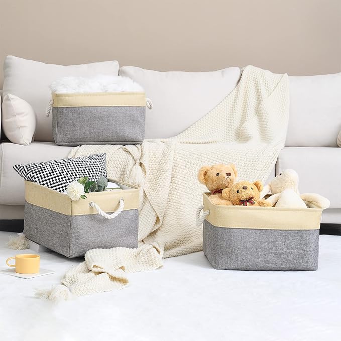 Storage Basket for Organizing - 3 Pack 14x10x7 inch Large Collapsible Storage Bin for Shelves, Fabric Storage Cubes for Organizer ClosetCloth Gift Toy (Grey & Gold) - Image 7