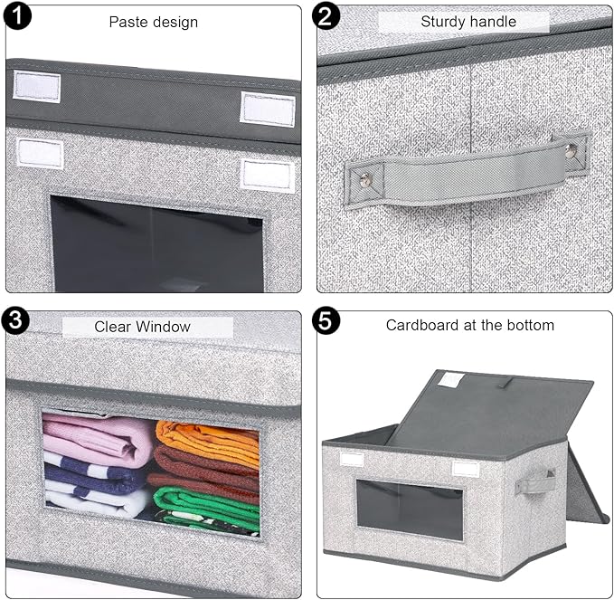 Univivi [4-Pack Fabric Storage Boxes Collapsible Storage Bins with Lids and Handles Cube Organizer Basket for Home, Closet, Bedroom (Gray, 14.4''x10''x8.3'') | Closet Storage Bins with Handles & Window, Collapsible Closet Organizers and Storage Cubes f... - Image 5