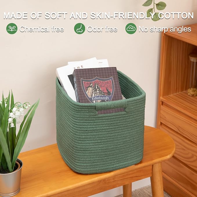 OIAHOMY Storage Cubes 11 Inch Storage Bins-3 Pack, Cotton Rope Woven Baskets for Organizing, Square Baskets for Shelves Organizer, Classroom, Toy Basket, Green - Image 5