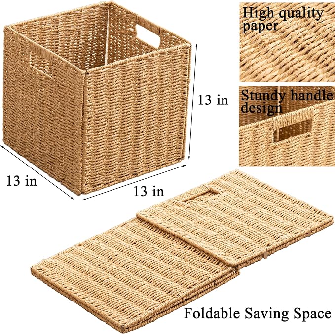 Foldable Storage Baskets with Handles Paper Rope Storage Baskets Rectangle Collapsible Hand Woven Storage Cubes Bins for Organizing Shelves Living Room Bedroom Pantry (4, 13'' x 13'' x 13'') - Image 2