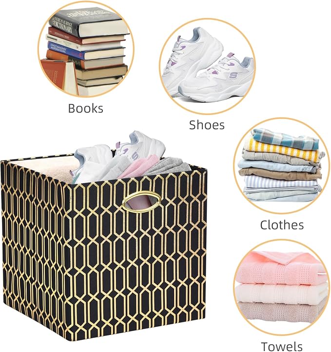 Posprica 11x11x11 Foldable Fabric Storage Cube Organizer Bins Cubby Baskets | Fabric Cubes 11×11 Collapsible Box with Handles Black Gold Geometric Pattern, 4 Pack - Image 4