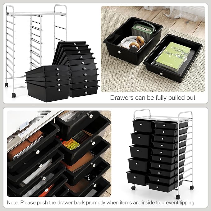 RELAX4LIFE 15-Drawer Rolling Storage Cart - Utility Cart with Metal Frame, Lockable Wheels & Removable Drawers, Multipurpose Art Craft Organizer for Home Office, Classroom (Black) - Image 6
