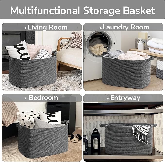 Goodpick 85L Large Woven Rope Blanket Basket, Rectangle, Dark Gray | 23.6'' x 15.7'' x 13.8'' Storage Basket for Blankets, Clothes, Toys & Pillows, Living Room, Bedroom & Nursery Organization - Image 4