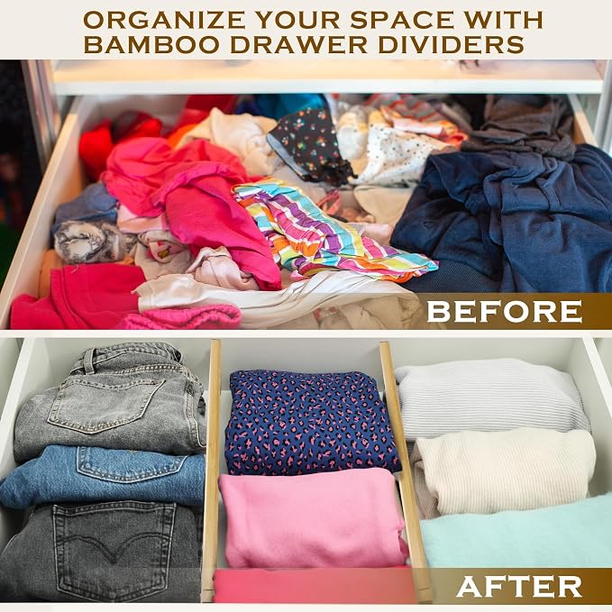 DoubleFill 8 Pcs Deep Bamboo Drawer Dividers, Deep Kitchen Dresser Drawer Organizer with Spring Loaded for Clothes, Adjustable Expandable from 15-22 Inch (Wood Color,6 Inch) - Image 4