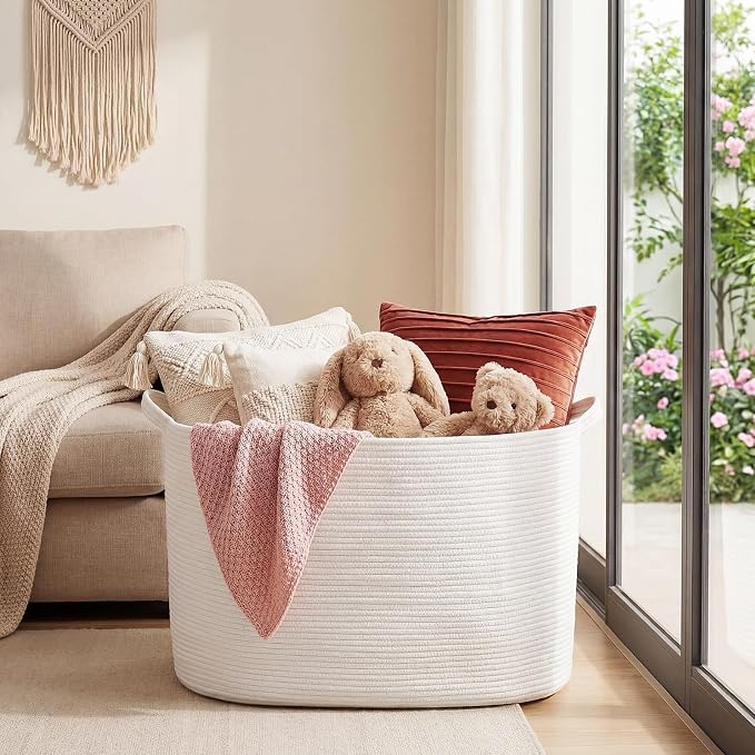 XXXXL 125L Extra Large Woven Blanket Basket, 25" x 18" x 17" Jumbo Cotton Rope Storage Basket with Handles Toy Storage Bins for Laundry Hamper Nursery Organizer Living Room Home(White) - Image 3
