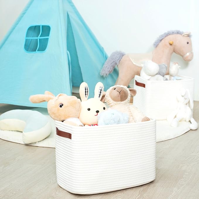 3-Pack Decorative Woven Storage Baskets for Shelves, Cube Bin Box for Organizing Books, Shoes, Dog Toys, Pantry Closet and Living Room Organizer, Creamy White - Image 4