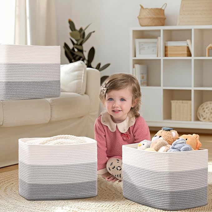 3 Pack Cube Storage Bin, 17”x12”x12” Cotton Rope Woven Baskets for Organizing Toys Clothes Towels, Square Gift Storage Baskets for Shelves, Nursery, Closet, Bathroom, Pantry (Gradient Grey) - Image 2
