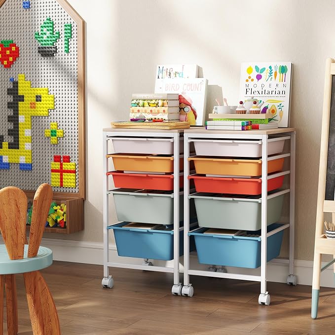 Giantex Rolling Storage Cart with 5 Drawers, Utility Cart w/Wooden Tabletop, Lockable Wheels, Multipurpose Organizer for Art Craft Books Paper, Drawer Carts for Dorm Classroom Office, Macaron - Image 2