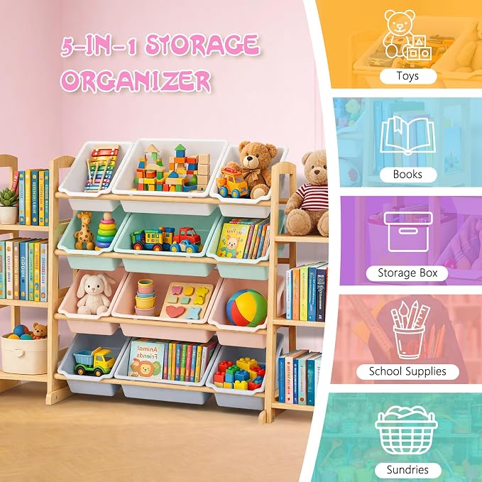 Kids Toy Storage Organizer with Bookshelf – Wooden Shelf with 12 Bins & 6 Shelves, Quick Assembly Storage Rack for Playroom, Bedroom, Nursery – Colorful - Image 6
