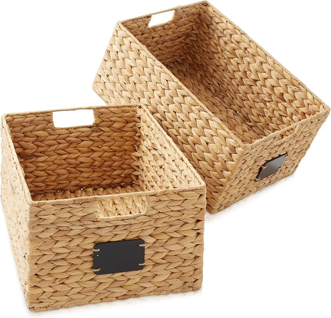 Casafield Set of 2 Water Hyacinth Pantry Baskets, 12-1/2" x 17" x 8", with Chalkboard Labels and Chalk Marker - Natural, Woven Storage Bin Organizers for Kitchen Shelves - Image 3