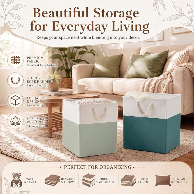 6 Pack 13x13 Inch Cube Storage Bins Fabric Square Cube Baskets, Light Green | Light Green Foldable Fabric Organizer with Handles, Home Closet Bin for Shelves, Durable Cube Baskets Bulk for Home Storage - Image 5