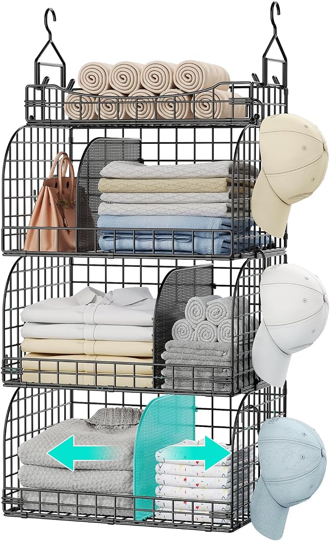 HapiRm Hanging Closet Organizer Storage - 4 Tier Metal Stackable Hanging Closet Shelves with Dividers and S Hooks, Foldable Clothes Shelves for Clothes, Pants, Shoes, Coat, Hats Clutches Accessories by HapiRm
