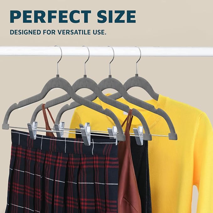 Lifemaster Velvet Skirt Hangers – with Adjustable Clips, 360 Degree Swivel Hook, and Non-Slip Shoulder Notch, Holds Up to 10 lbs, for Organizing Skirt, Pants, Dress, and Clothes, Pack of 50, Gray - Image 3