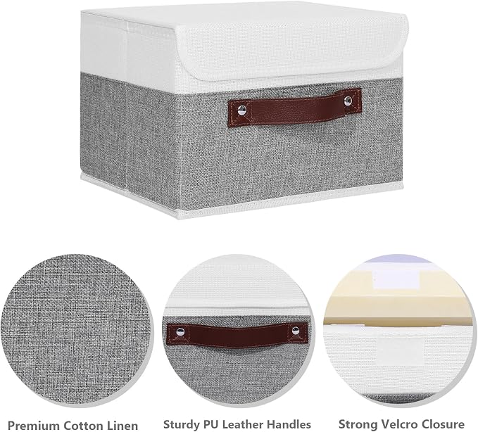 ANMINY Fabric Storage Box Bins with Lids, Gray White, 10"x8"x7" | Keepsake Memory Storage, Cotton Linen, PP Board Reinforced, Washable, PU Handles, Foldable & Stackable, Decorative, Small - Image 2