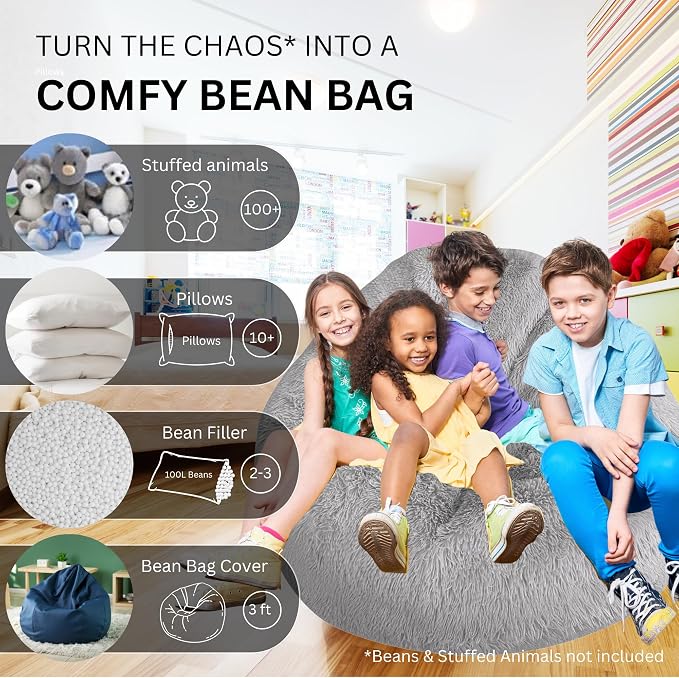 Bean Bag Stuffed Animal Storage Chair Cover (No Filler) for Kids and Adults. Extra Large Bird's Nest Beanbag Memory Foam Soft Premium (Light Grey (Faux Fur), 3ft (Cover Only)) - Image 2