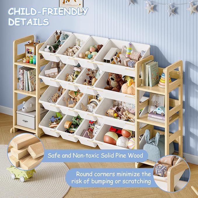 EXPERLAM Extra Large Toy Storage - Toy Storage Organizer, Wooden Toy Organizer with 6 Side Shelves and 16 Bins, 3-in-1 Bookshelf for Kids Rooms, Playroom, Nursery, White - Image 5