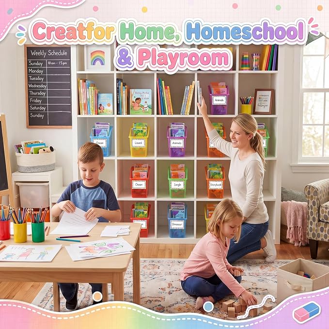 Blosssound 6 Set Book Bins for Classroom Stackable,Translucent Colorful | Plastic Baskets with Labels, Slanted Front, Library Supplies Organizers, Desktop Storage Bins, Teachers Home School Use - Image 6