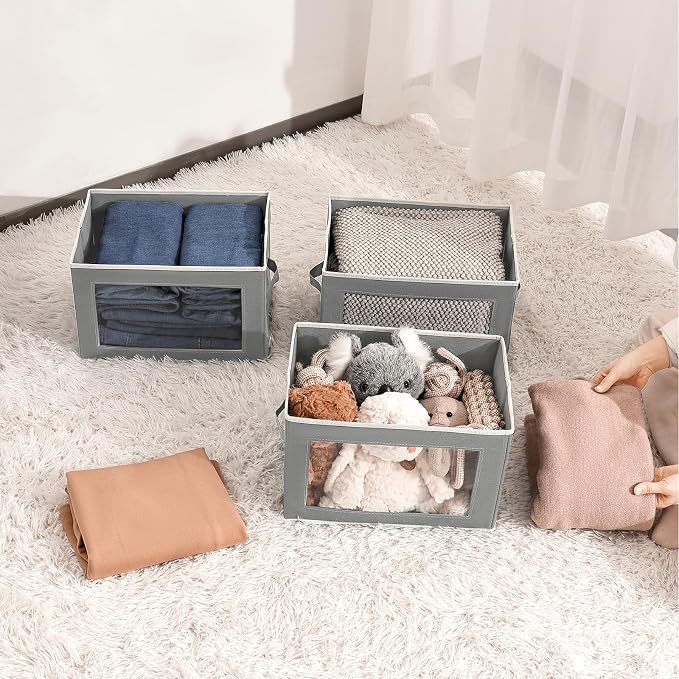 Clothes Organizers and Storage - 6 Pack Large Storage Box with Lids, Foldable Closet Organizer with Lids, Decorative Basket Bins for Home, Dorm, Closet, Grey - Image 4