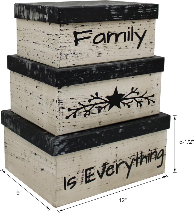 Primitive Vintage Rectangular “Family is Everything” Cardboard Nesting Boxes, Large 12 X 9 X 5-1/2 Inch. Set of 3. - Image 6