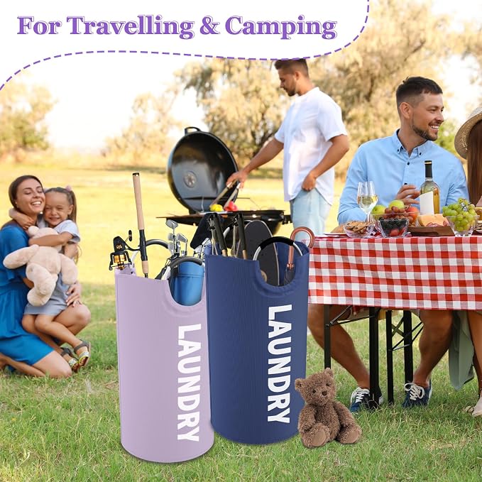 2PCS 95L Collapsible Laundry Basket, Dirty Clothes Hamper for Family | IHOMAGIC Padded Handle Dirty Clothes Hamper, Freestanding Storage Basket For Bedroom, Travel, Camping, Purple+Navy Blue - Image 3