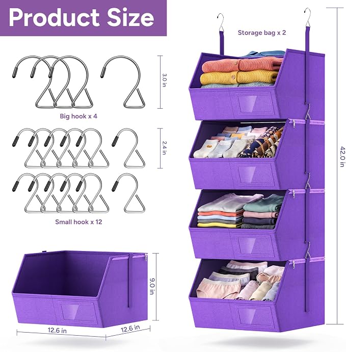 2 Pack 4-Tier Hanging Closet Organizer, Detachable Hanging Storage Shelves with Reinforced Side Panels, Hanging Closet Organizer for Clothes, Sweaters, Towels, Socks & Accessories, Purple - Image 3