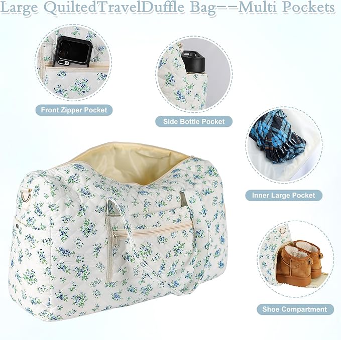 Sage Floral Quilted Weekender Duffel Bag Set with Shoe Compartment | Women's Overnight Hospital Bag for Labor Delivery, Carry-On Travel Duffel with Toiletry Pouch for Gym & Getaway - Image 3
