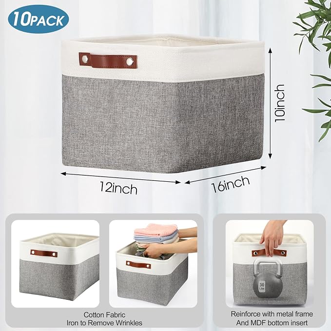 Uiifan 10 Pcs Collapsible Storage Bins Fabric Foldable Storage Basket with Handles Cloth Organizer Linen Shelf Baskets for Shelves Home Closet Nursery Toys(16 x 12 x 10 Inch,Gray and White) - Image 2
