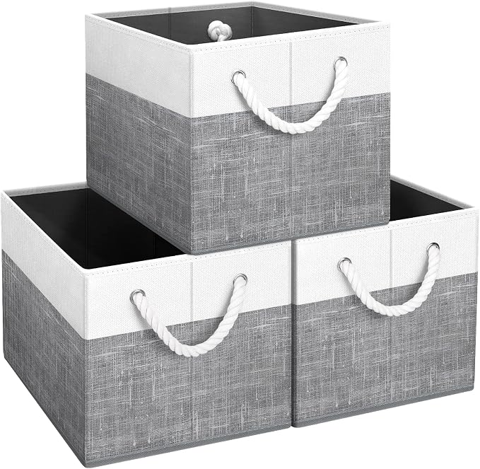 Storage Bins Foldable Storage Baskets with Rope Handles | 3-Pack Storage Bins for Organizing Toys, Books, Shelves, Closet, Large Storage Box Sturdy Organizer Bins, White & Grey by Fabtotes