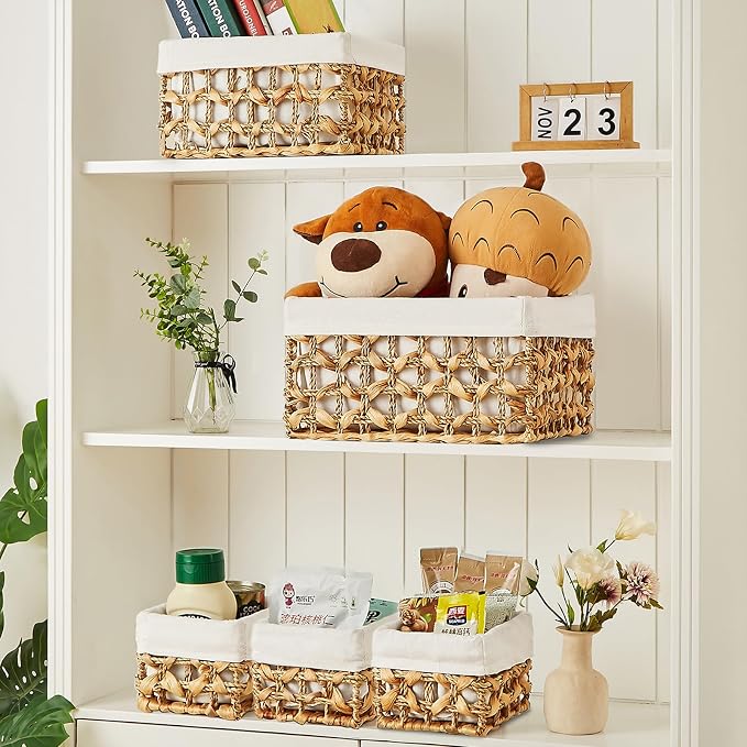 Wicker Storage Basket, Rectangular Wicker Baskets for Storage, Woven, Water Hyacinth and Seagrass Storage Baskets for Organizing, Cube Storage Bins for Closet/Clothes/Dresser, Beige, 5-Pack - Image 3