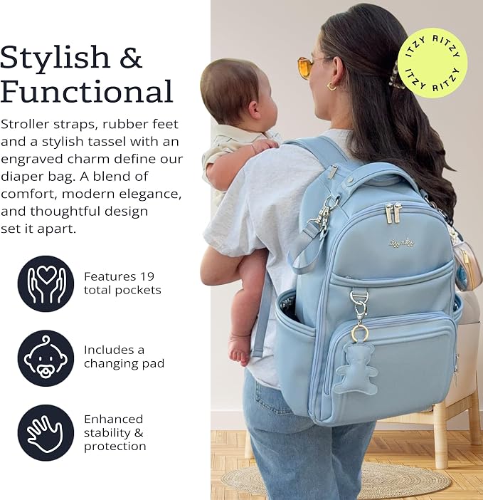 Itzy Ritzy Boss Plus Large Diaper Bag Backpack with 19 Pockets (Teddy Blue) | Includes 2 Insulated Bottle Pockets, Changing Pad, Stroller Clips, Comfortable Padded Straps, Easy-to Clean, Travel-Ready - Image 2