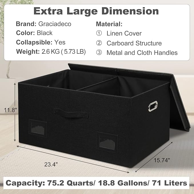 Graciadeco 75 Quarts Extra Large Decorative Storage Bins with Lids, 3 Packs Black Collapsible Storage Bins with Lids, Stackable Storage Bins Decorative Box Storage With Lid Extra Large | 75 Quarts 3 Pack Black Collapsible Stackable Linen Fabric 4 Handl... - Image 2