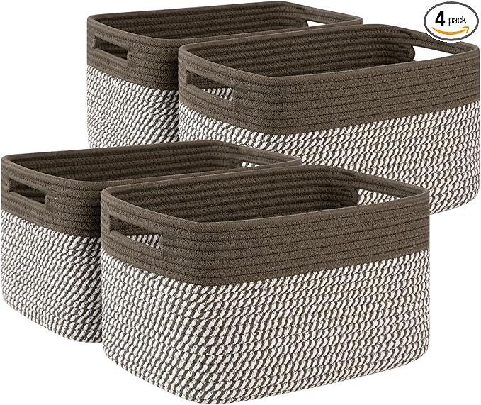 4 Pack Storage Baskets for Organizing, Woven Baskets for Shelves - Perfect for Toys, Books, Towels, and Clothes, Durable Gift Basket Bins Toy Storage, 12.7''Lx9''Wx7.8''H, Green & White by SIXDOVE