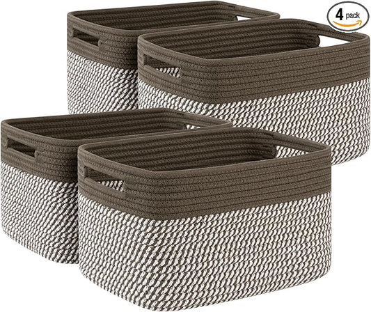 4 Pack Storage Baskets for Organizing, Woven Baskets for Shelves - Perfect for Toys, Books, Towels, and Clothes, Durable Gift Basket Bins Toy Storage, 12.7''Lx9''Wx7.8''H, Green & White by SIXDOVE