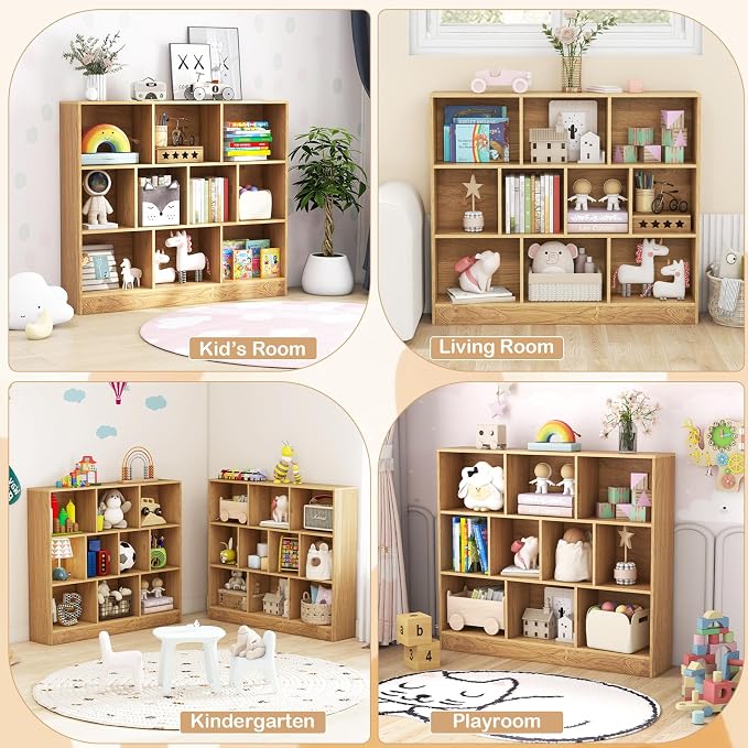 HONEY JOY Kids Toy Storage Organizer, 10-Section Wooden Floor Storage Cabinet, 41” Daycare Toy Chest, 3-Tier Kids Display Bookshelf for Classroom, Playroom & Nursery, Kindergarten (Natural) - Image 7