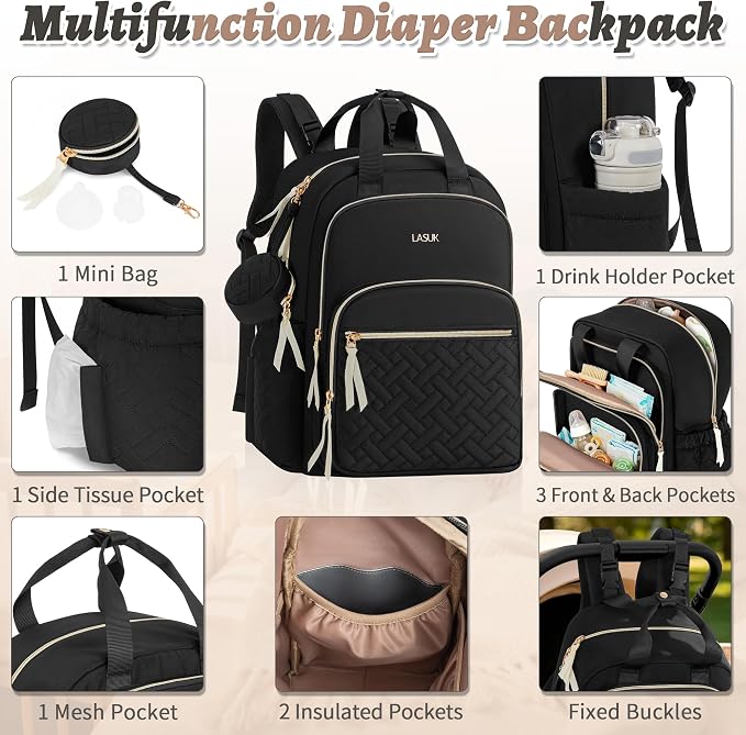 Diaper Bag Backpack, 27L Travel Quilted Baby Bags Unisex | with Changing Pad, Pacifier Bag, Stroller Straps Parents Essentials for Outdoor Trip Hospital & Daily Work, Black - Image 2