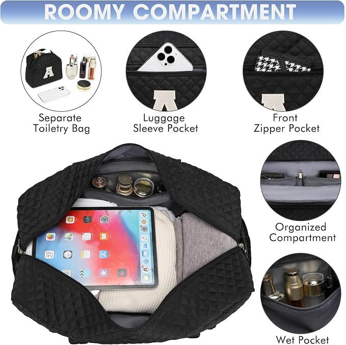 Initial Travel Duffle Bag for Women - Black Personalized Weekender Bags Overnight Bag with Shoe Compartment & Wet Pocket Weekend Tote Bags with Toiletry Bag Monogram Gifts (Letter A) - Image 4