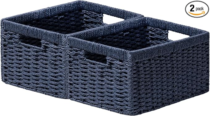 joybest Wicker Baskets for Shelves, Hand-woven Storage Baskets Green | 13.4L x 8.3W x 7.1H inch for Pantry, Kichen Organizing, Foldable Rectangular Bin with Handles, 2-pack by joybest