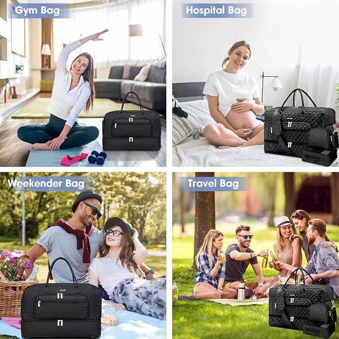Large Women's Travel Duffel, Weekender with Shoe Compartment, Carry On Overnight Bag, Gym Duffel with Wet Pocket, Hospital Bags Set - Image 6