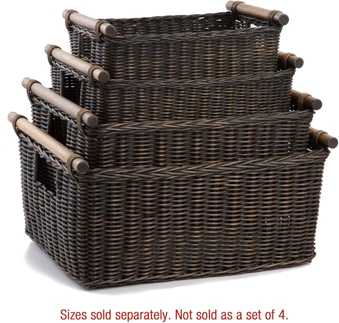 The Basket Lady Pole Handle Wicker Storage Basket, M, Walnut Brown | Outside: 16" L x 12" W x 8.25" H | Inside: 14"L x 10"W x 8"H - Handcrafted by artisans from natural rattan - Image 4