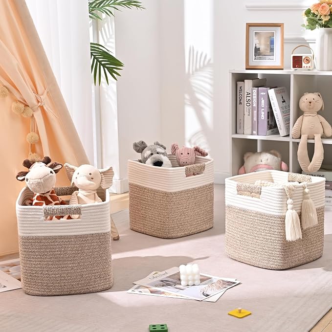 11 Inch Storage Cubes, 3 Pack Cube Storage Bins for Organizing, Cotton Rope Woven Baskets for Shelves, Bathroom, Kids Room, Closets, Baby Nursery - Image 3