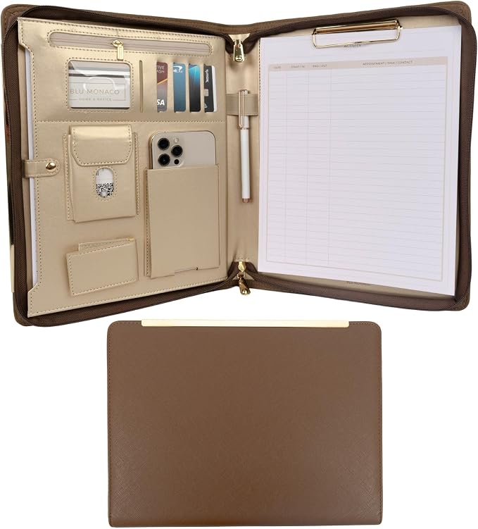 BLU MONACO | Brown Vegan Leather Padfolio | Zippered Work Organizer Binder with Gold Trim | Professional Document Case 8.5 x 11 for Women by Blu_Monaco