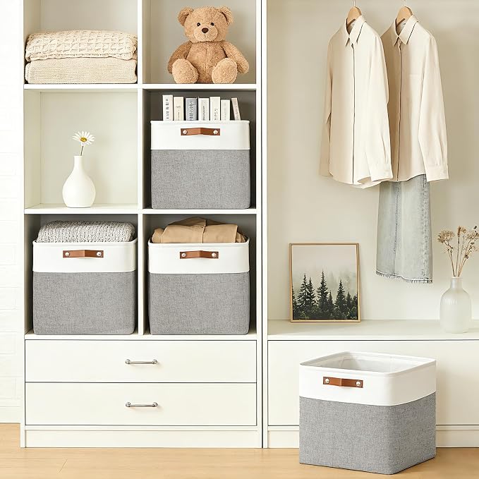 13x13 Cube Storage Bins, Collapsible Fabric Storage Box, 4 Pack Closet Baskets with Handles for Organizing, Shelf, Toys, Clothes, Home, Office, Nursery (Grey&White) - Image 2