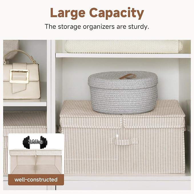 StorageWorks Extra Large Storage Bins with Lids, 55L Decorative Organizer with Divider Board, Fabric Boxes with Handles, Khaki and Beige Stripes, 2-Pack - Image 5