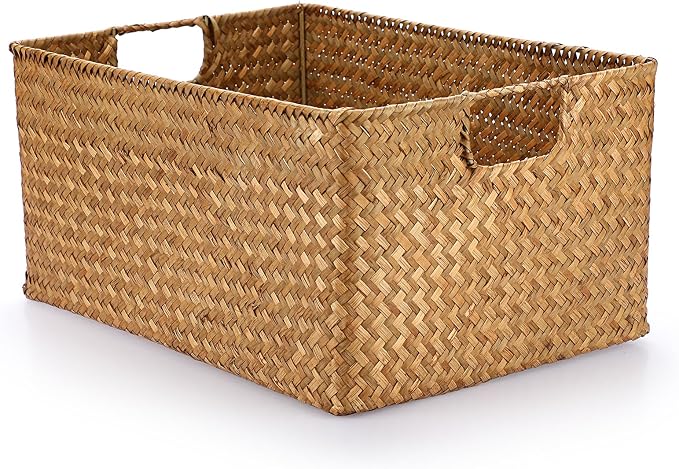 Hipiwe Seagrass Storage Baskets Bin for Shelf Large Handwoven Wicker Basket | Rectangular Bedroom Bathroom Organizer Built-in Handles, Multipurpose Woven Basket Bin Boxes,14.6"x 10.6"x 7.1" - Image 8