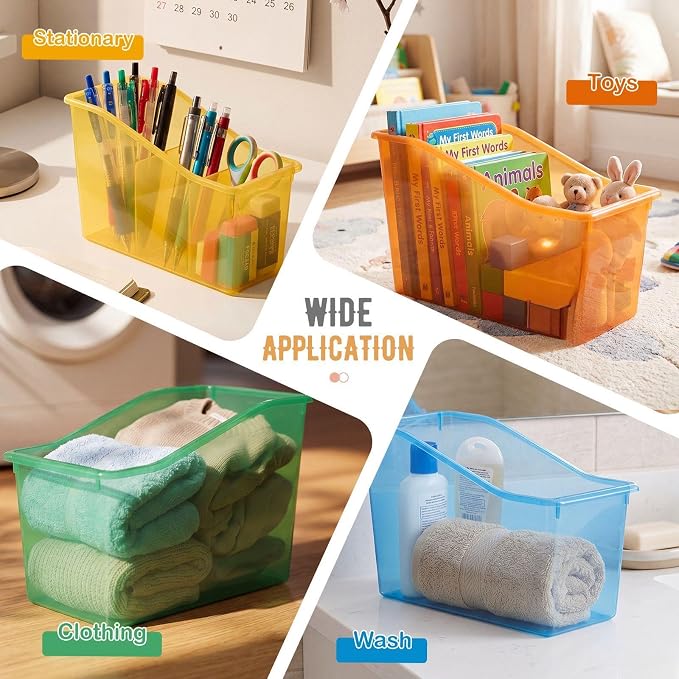 Geetery 12 Pcs Book Bin for Classroom with Labels Stackable Plastic Organizing Bins 11.5 x 5.4 x 7.5 in Book Holders Storage Bins Box Baskets for Classroom Library Home (Translucent Pastel) - Image 5