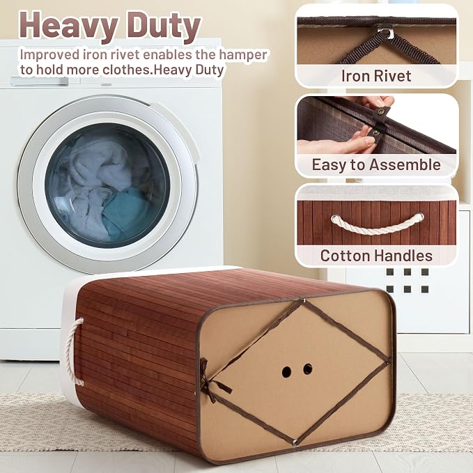 Aliphon 72L Slim Laundry Hamper with Lid, Foldable Bamboo Clothes Laundry Basket with Handles, Removable and Machine Washable Liner, for Bedroom, Bathroom, Dorm, Brown - Image 7